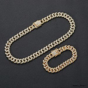 Iced Out Zircon Buckle 14k Gold Plated Miami Rostfritt stålkedja Halsband Set Men smycken kubansk länk