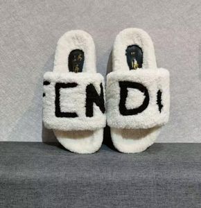 Designer slippers ladies wool slides winter luxury fur fluffy furry warm letters sandals comfortable fuzzy inverted triangular iron sheet girl flip flop slipper F8