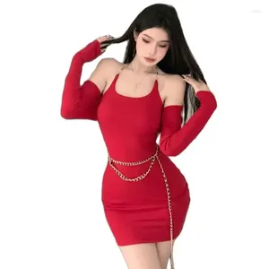 Casual Dresses Sexig Lady Knit klänning separerade ärmar med metallkedja Slim Fit Wrap Hip Spring Autumn Women