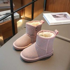 Buty Girl's Snow Boots Crystal Rhinestone Chunky Zipper Dzieci zimowy but furry puszysty koreański styl moda dla dzieci bawełniane buty ciepła 231218