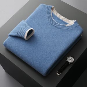 Mens hoodies tröjor Autumn och vinter 100% ren ulltröja Rund halsfärg Kontrast Topp Stickad förtjockad termisk pullover Två falska bitar 231218