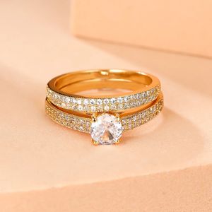 Solitaire Ring Lüks Gelin Setleri Kadınlar İçin Yuvarlak Taş Yüzükler Siyah Altın Renk Beyaz Zirkon Aly Bankalar Vaat Nişan Yüzük Seti Takı 231218