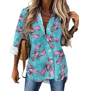 Women's Blouses Lobsters Print Casual Blouse Long Sleeve Pink And Blue Retro Womens Korean Fashion Oversize Shirt Tops Birthday Present