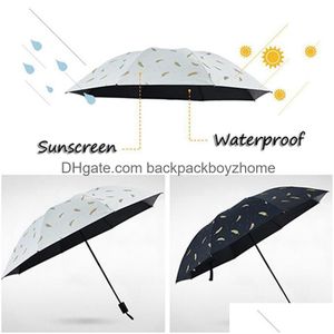 Regenschirme, faltbarer Vinyl-bedruckter Federschirm mit tragbarem Er 8-Knochen, regensichere Regenschirme, dreifach faltbarer UV-Schutz WDH0991 Drop Dh4Yx