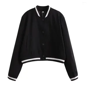 Giacche da donna Giacca da baseball alla moda con orlo a righe Colletto alla coreana vintage Manica lunga Cappotto corto da donna Capispalla da donna chic primaverile