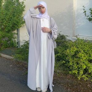 Roupas étnicas Ramadan Kimono Abaya Aberto Cetim Muçulmano Longo Hijab Vestido Puff Sleeve Abayas para Mulheres Dubai Eid Islam Turquia Kaftan Rob