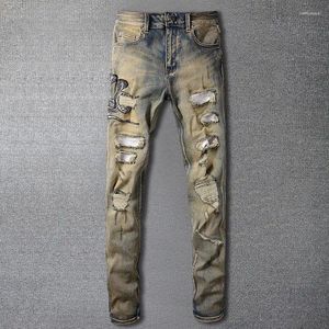 Erkekler Kot Mens Hayvan Yılan Nakış Desen Motosiklet Pantolon Sokak Retro Yırtık Jean Hip Hop Tasarımcısı Homme Marque De Luxe