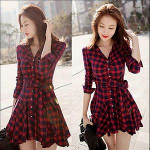 Vestidos casuais moda mulheres senhora manga longa babados escritório senhoras flanela xadrez botão de verificação para baixo vestido de camisa de camada superior