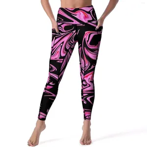 Kvinnors leggings marmor yoga byxor fickor rosa och svart flytande sexig push up mode sport tights stretchy design träning leggins