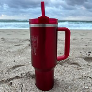 Bicchiere multiuso da 40 once con manico, tazza in acciaio inossidabile con coperchio e cannuccia - Tazza tumbler rossa