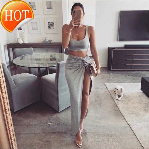 Women Long Skirts Two Piece Set Skirt Woman High Split Sexy Dresses 2 Pieces Clothes Party Clothing Sets