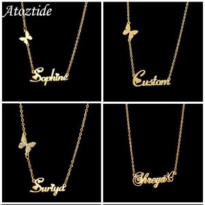 Pendant Necklaces Atoztide Multiple Custom Name Frosted Necklaces Full Stone Butterfly Chain Stainless Steel for Women Pendant Jewelry GiftsL231218