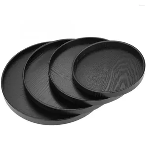 Tea Trays Chinese Style Round Wood Black Coffee Snack Food Meal Serving Tray Plate Set
