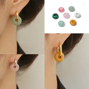 Brincos de argola moda pedra natural forma de donut aço inoxidável feminino rosa quartzo malaquita piercing orelha studs atacado