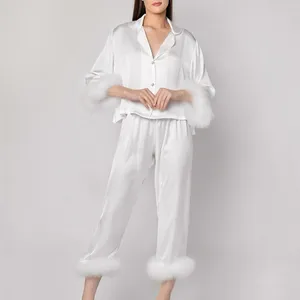 Women's Sleepwear Feather Trim Loungewear Silk Satin Pajama 2 Pcs Button Down Long Sleeve Pants Set Holiday Pajamas For Women