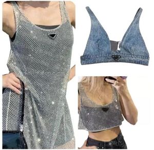 T-Shirt Women Shiny Rhinestone Dress Sexy Crop Top Vest Fashion Denim Bra Tops Sleeveless Sling Vests Woman Dresses