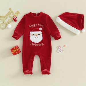 Rompers Citgeett Autumn Christmas Infant Baby Girls Boys Outfit Långärm Santa Footie Jumpsuit Hat Xmas kläder 231218