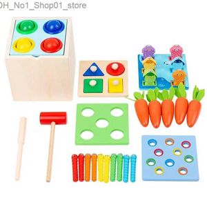 Sortera häckning Stacking Toys 5 I 1 Montessori Träleksaker Objekt Permanence Box Set Fishing Game Form Puzzles Harvest Morot Play Kit Kids Education Toy Q231218