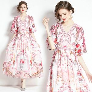 Women Floral Boutique Dress Short Sleeve Dress 2024 Summer Dress High-end Trend Lady Printed Long Dresses Party Runway Dresses