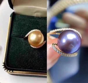 Cluster Rings Gorgeous REAL NATURE 10-11mm South Sea Golden Purple Round Pearl Ring