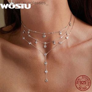 ペンダントネックレスWostu Real 925 Sterling Wedding Stackable Heart Tassel Necklace Round Zircon Chain Sparkling Y-Chain Link