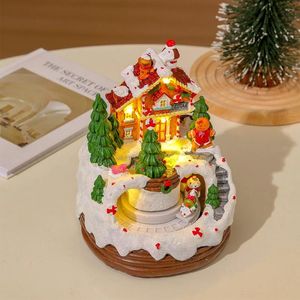 Estatuetas decorativas caixa de música de natal, estatueta de casa de neve, decoração de mesa, 6.3 polegadas, ornamento de resina iluminada, presente para crianças