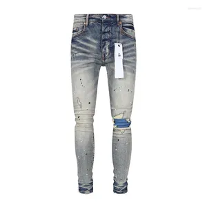 مصمم أزياء جينز جينز للرجال أرجوانية رجعية غسلها أزرق تمتد نحيلًا نحيفًا ملطخًا بالرجال الممزقون.