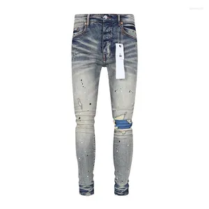 Mäns jeans street modedesigner lila retro tvättad blå stretch mager fit målade rippade män lappade hiphop märke byxor