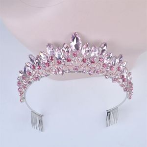 Ny mode barock lyxiga rosa kristall brud krona tiaras kvinnor diadem tiaras för tjej brud bröllop hår tillbehör y200807251t