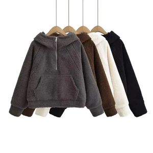 Anpassad logotyp solid fleece hoodies tjocka sherpa får lamm ull 1/4 zip upp kvinnor fleece hoodies