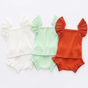 Zestawy odzieży 2PCS Baby Girl Summer Ubrania Zestaw bez rękawów Born Born Knitting Ruffles Romper Top Shorts for Toddler Stroje