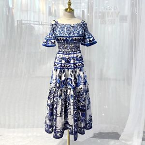 Dresses Fancy Dress Womens Blue And White Porcelain Printed Gathered Waist Slask Neck Bell Sleeve Midi Fit&Flare Cami Dress