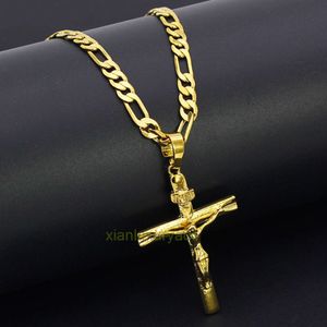 Luxury Designer cuban chain necklace real 10k yellow solid fine gold gf jesus cross crucifix charm big pendant 55mm figaro chain necklace