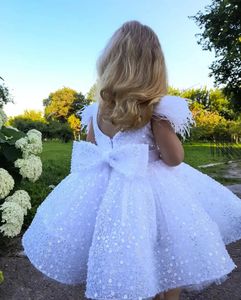 Girl s Dresses 3 9 Years White Tulle Girl Dress Sequined Bows Children s First Communion Ball Gown Wedding Party Bridesmaid Kids Princess 231218