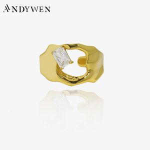 Wedding Rings ANDYWEN 925 Sterling Silver Gold Thick Open Hollow Resizable Rock Punk Ring Adjustable Women Plain Luxury Fine Jewelry 231218