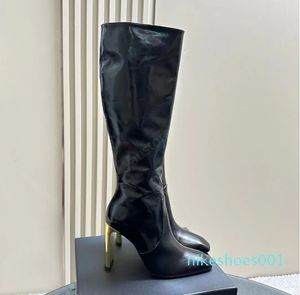 2023 Botas Square Pointed Toe Side Zip Banhado A Ouro Recuo Salto Botas De Designer Clássico