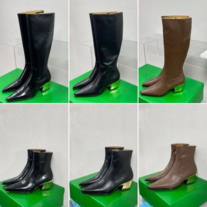 Designer Winter Women shoes Tex Boots Tex Ankle Boots Leather Knee-high Boots Luxury Galvanized Heel Thick Soles Solid Color High Tube Pointed Head Gilt Boots