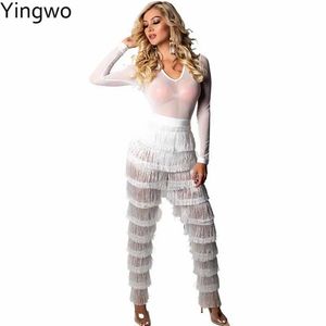 Rompers White Sheer Mesh Top Fringe Jumpsuit Hot Sexy Woman Night Out Club Wear See Through Multi Tassel Layer Skinny Jumpsuit Online