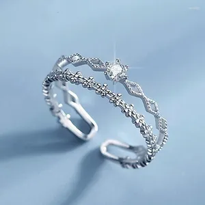 Cluster Ringe Koreanische Spitze Doppelschicht Zirkon Ring Weibliche Minderheit Intarsien Diamant Hohle Blume Öffnung Schmuck