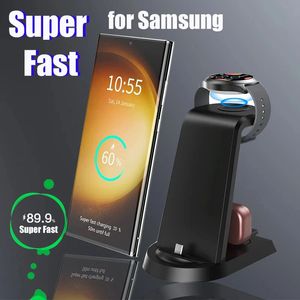 Mobilmonteringshållare 25W Super Fast Wireless Charger 3 i 1 för Samsung S23 Ultra S22 S21 S20 Galaxy 5 4 Active 2 Watch Earbjudningar Laddningsstation 231216