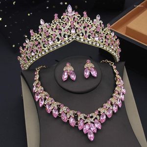 Naszyjnik Kolczyki Zestaw wysokiej jakości nowożeńca z Tiara Jewellry Bride Crown i księżniczka Girls Wedding Pink