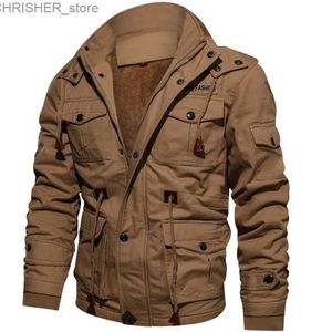 Tactical Jackets Winter Jackets Men's Hooded Plush Thickened Coat Autumn Large Tactical Cotton Medium And Long Work Clothes Bomber Tactical CoatsL231218