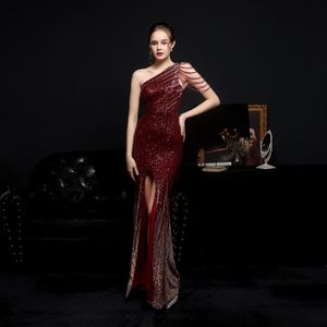 Wine red Evening Dress One Shoulder Women Elegant Straps Sequin Mermaid Maxi Prom Party Gown Abendkleider Robe De Soiree Vestidos