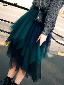 Dresses Cjfhje High Waist Women Skirt Spell Color Voile Dance Tutu Skirts Irregular Half Length Tulle Skirt Lolita Petticoat Midi Rokken