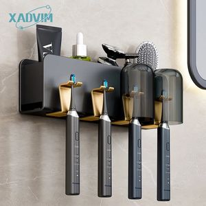 Toothbrush Holders Wall Mounted Punch free Aluminum Electric Holder No Drill Toothpaste Dispenser Cup Storage Rack Bathroom Accessories 231218