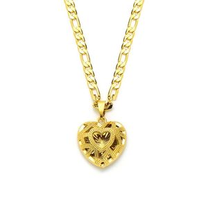 Ciondolo a forma di cuore lavorato a maglia in oro giallo massiccio 14k GF Collana a catena a maglie Figaro italiana 24 3 mm Donna296W