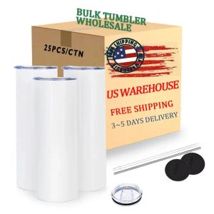 US/CA In Stock 25 pezzi/cartone da 20 once Bicchieri in acciaio inossidabile Tazze per auto isolate a doppia parete con coperchio Bottiglie d'acqua thermos in paglia 1218