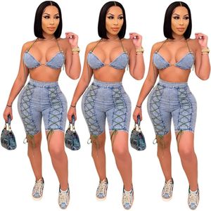 Tracksuits Designer Tracksuits Women Denim Two Piece Set Spring Summer Clothes Sexy Bandage Bra Top och Short Pants Matching Set Be Jeans 2