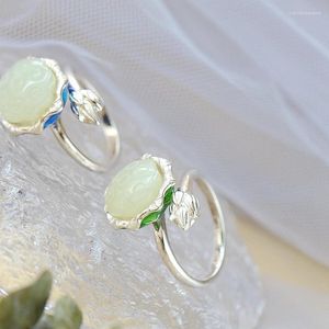Cluster Rings Authentic 925 Sterling Silver Lotus Leaf Inlaid Natural White Jade Seedpod Ring Women Trendy Style Jewelry Gift