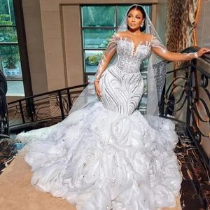 Luxury Arabic Dubai Bridal Wedding Dress for Women 2024 Sheer Long Sleeves Beading Crystal Bride Gown Vestidos Novia Robe De Mariage